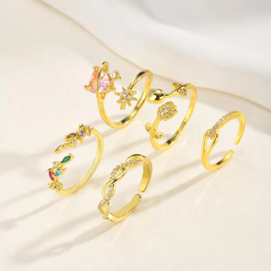 5-Piece Gold CZ Geometric Adjustable Ring Set for Women Fashion Ring Set SPOT