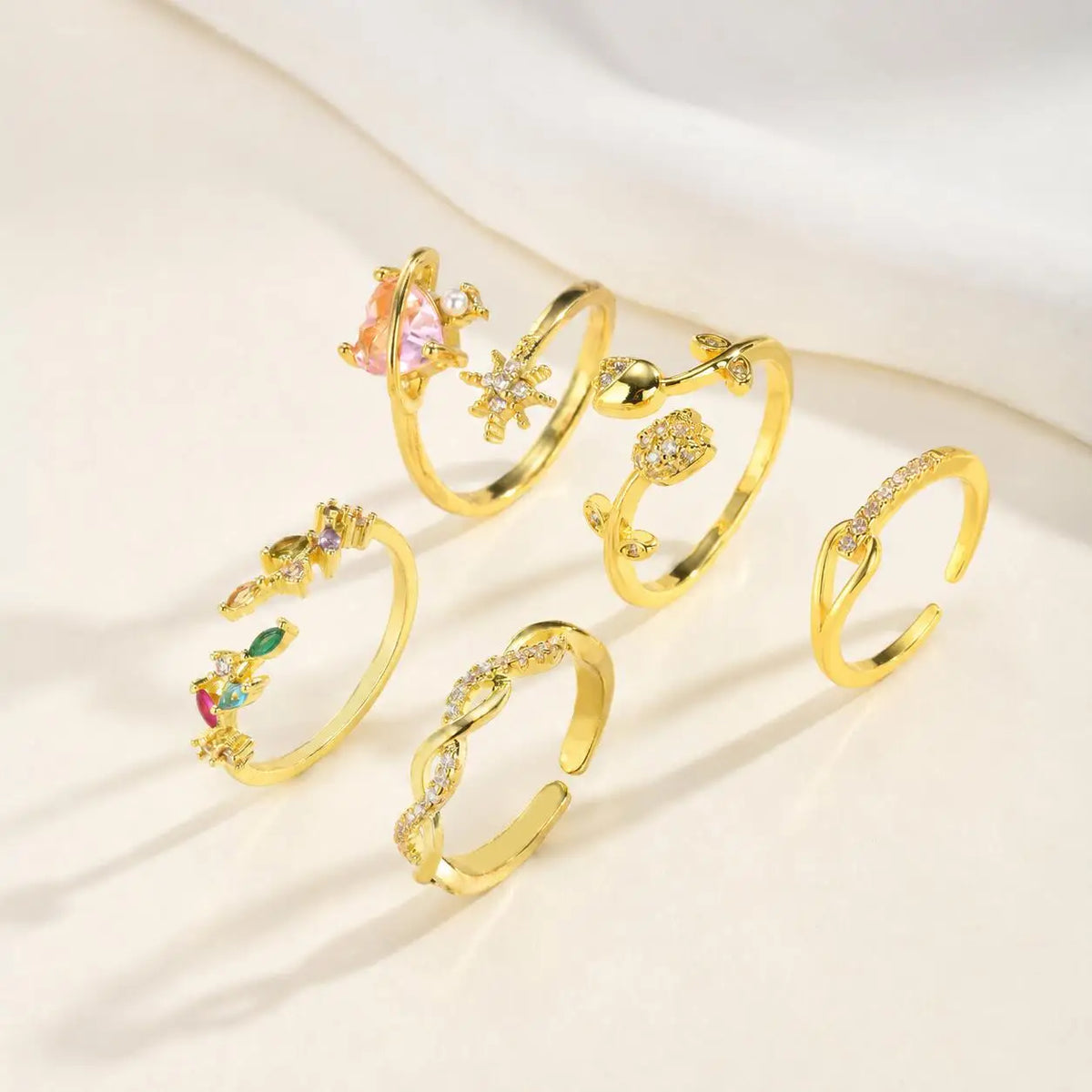 5-Piece Gold CZ Geometric Adjustable Ring Set for Women Fashion Ring Set SPOT