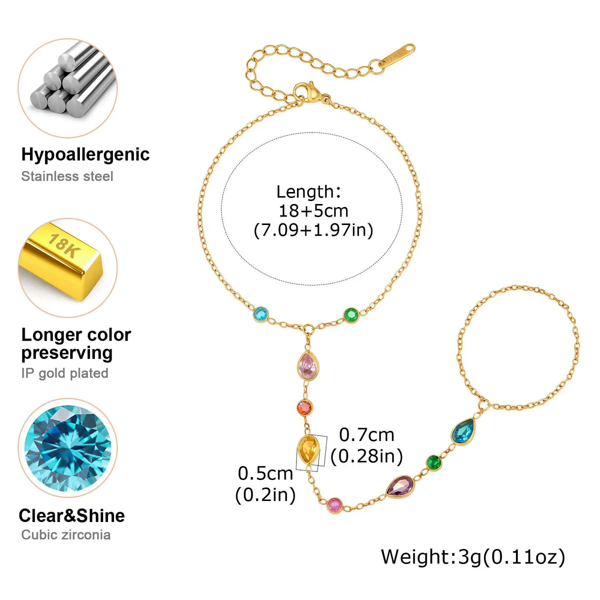 18K Gold CZ Hand Chain Finger Ring Bracelet | Women's Jewelry Hand Chain Bracelet SPOT