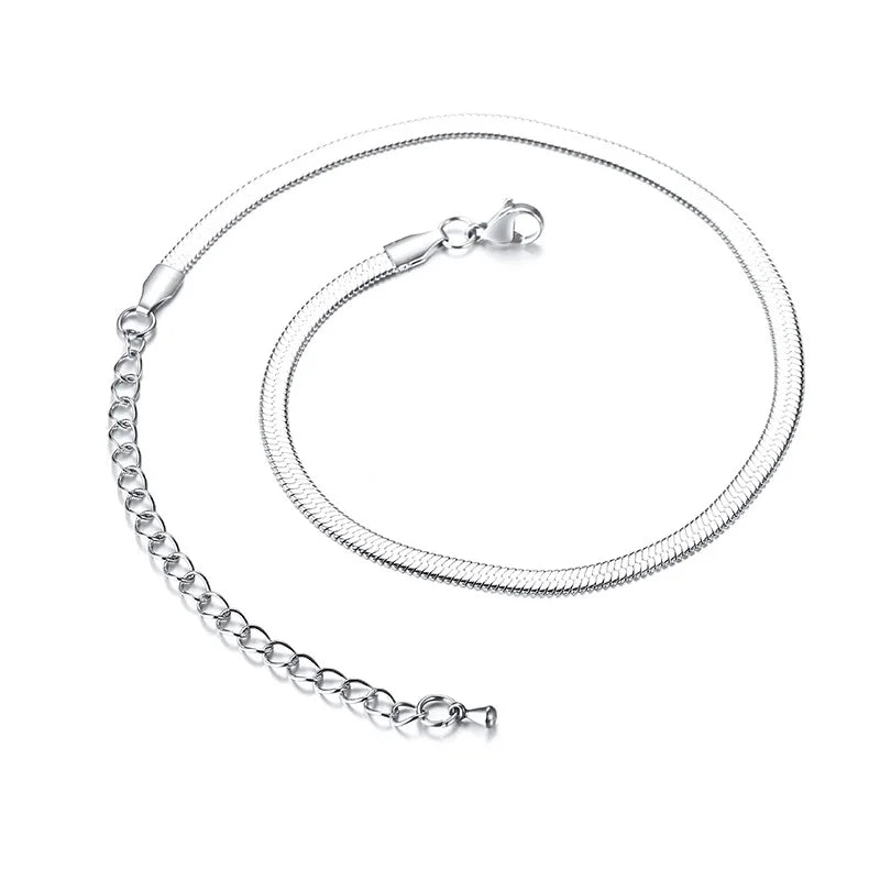 Herringbone Chain Necklace – Stainless Steel Collarbone Choker Chain Necklace SPOT Silver Color 36cm extend 8.5cm Width 3mm