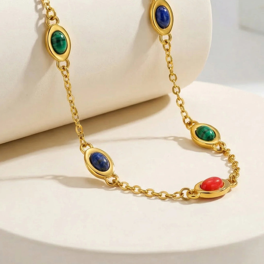 18K Gold Plated Natural Stone Station Necklace – Malachite & Lapis Station Necklace SPOT