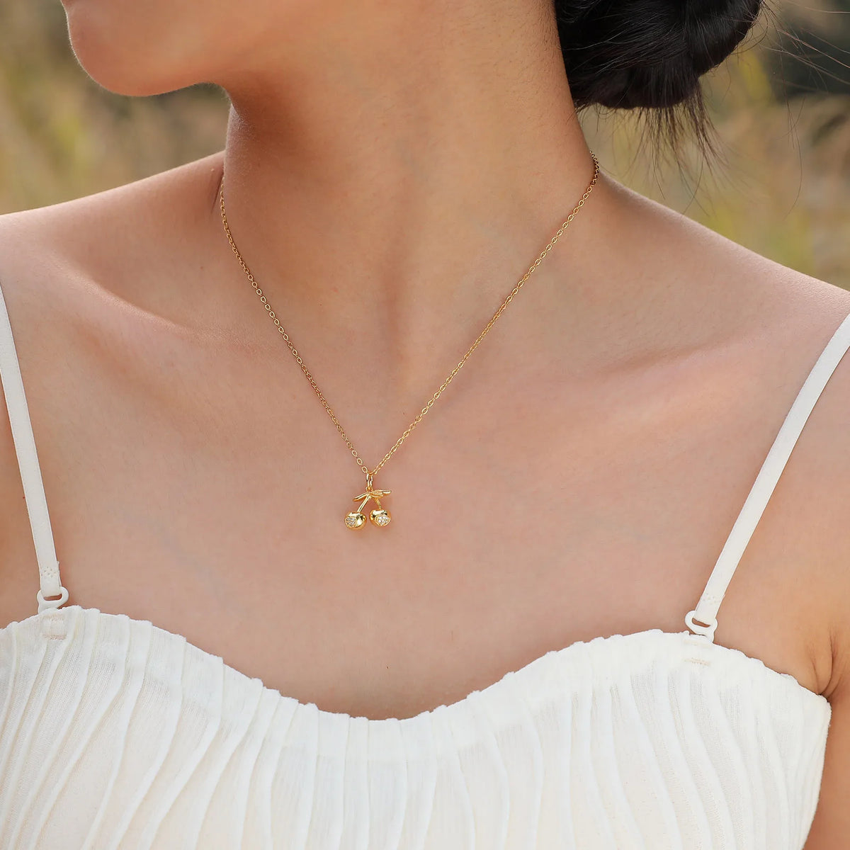 Women's CZ Cherry Pendant Necklace – Gold Stainless Steel Chain Pendant Necklace SPOT