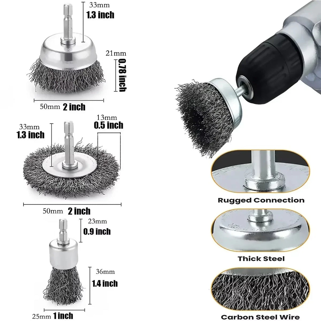 Wire Cup Brush Set 1/4" Hex Shank – Carbon Steel, 3 or 10 Pc Wire Brush Set SPOT 3pcs