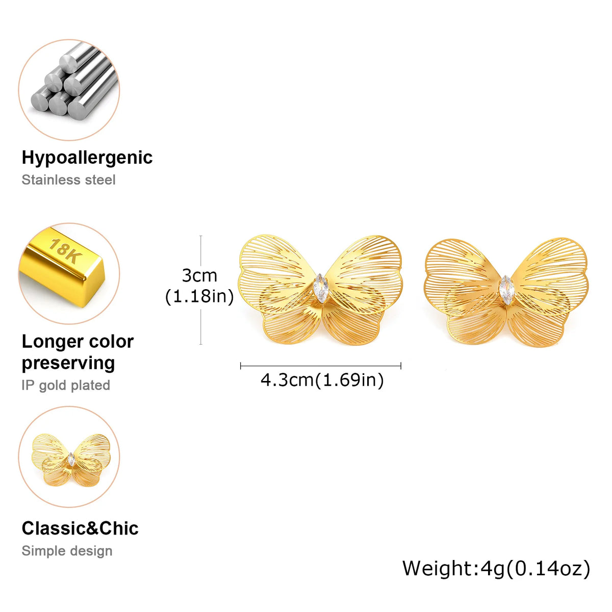 Butterfly Wing CZ Stud Earrings – Gold Stainless Steel Women Stud Earrings SPOT