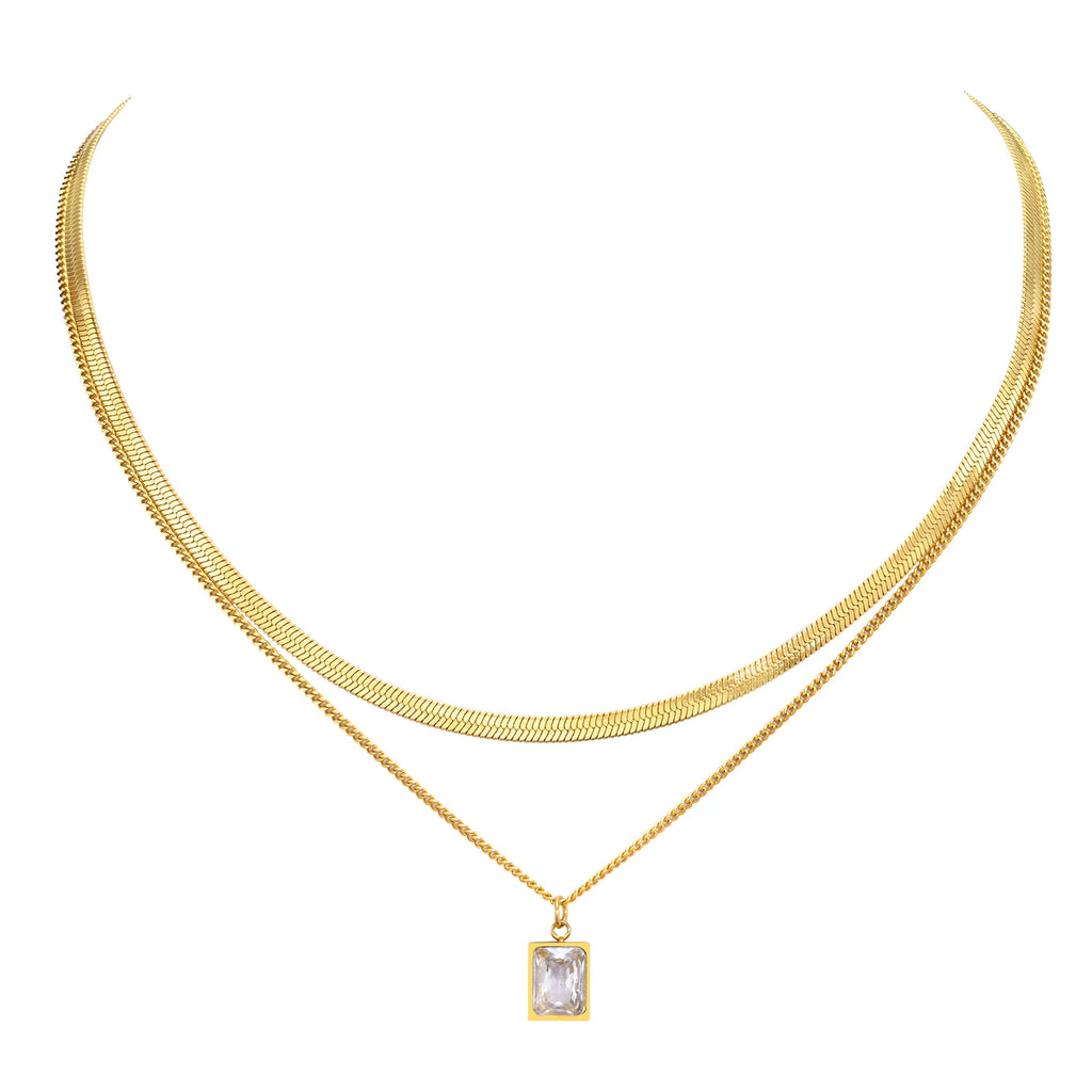 Gold Layering Necklace Set – Green Zirconia & Herringbone Choker Layering Necklace Set SPOT