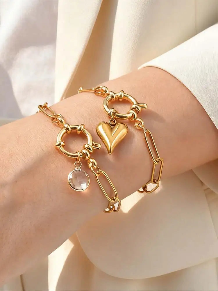 18K Gold Plated Paperclip Bracelet – Zircon Heart Charm Women Chain Link Bracelet SPOT