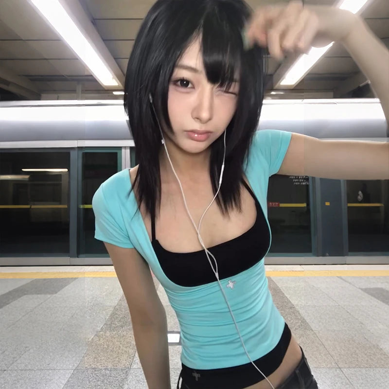 Y2K Fake Two-Piece Halter Top – Harajuku Patchwork Tee Patchwork Halter Tee SPOT