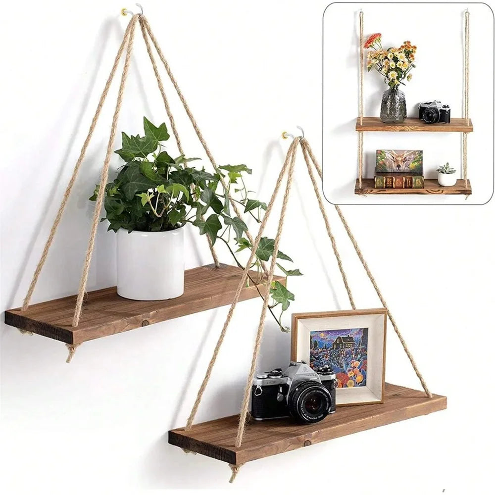 Wood Hanging Shelf Hemp Rope – Floating Wall Plant Tray Floating Wall Shelf SPOT