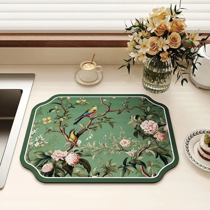 Vintage Bird Floral Kitchen Drying Mat – Absorbent Non-Slip Kitchen Drying Mat SPOT A1 M