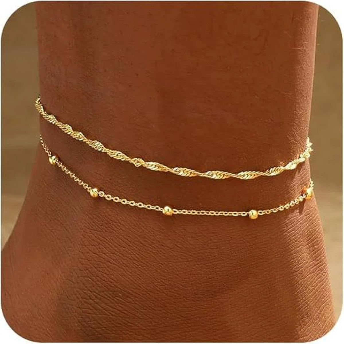 Meaeguet Gold Double Layer Bead Anklet – Tarnish-Free Stainless Steel Bead Anklet SPOT JC-304G