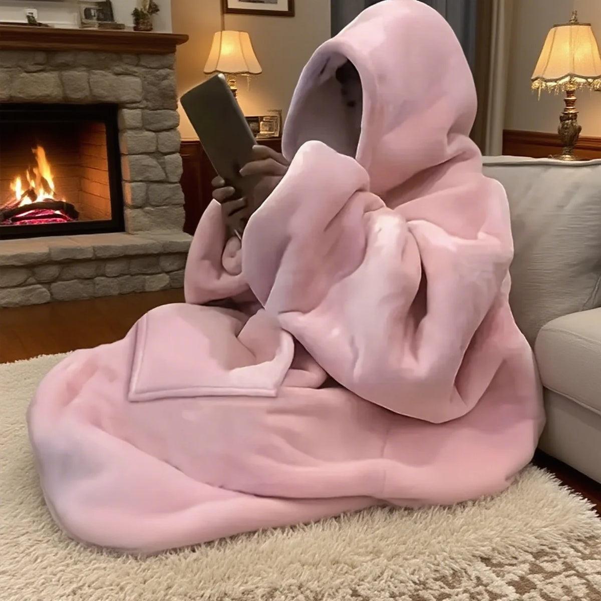 Oversized Reversible Fleece Hoodie Blanket – Soft Plush Wearable Wearable Hoodie Blanket SPOT Pink