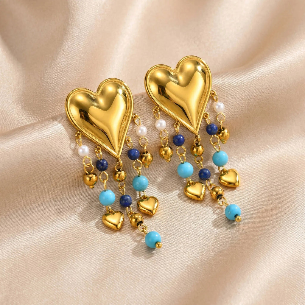 Heart Tassel Dangle Earrings – 18K Gold Plated Turquoise Pearl Dangle Drop Earrings SPOT