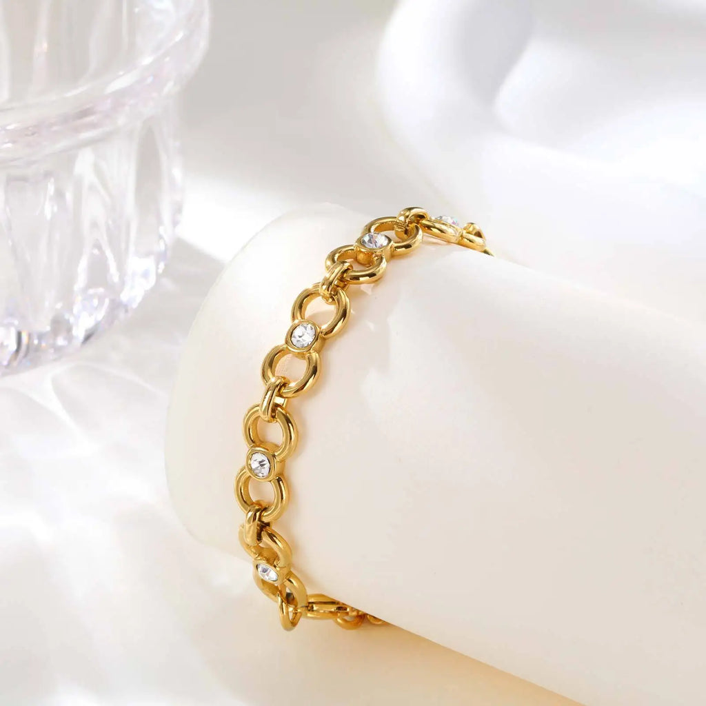 Round Zircon Chunky Link Bracelet – 18K PVD Gold Plated Women Chain Link Bracelet SPOT