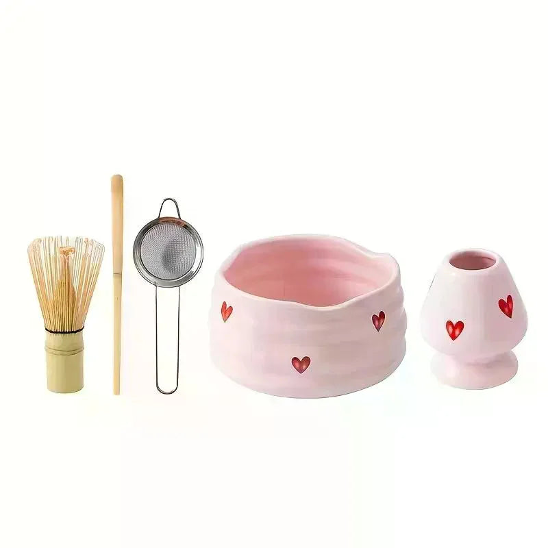 Heart Decal Ceramic Matcha Set – Bowl, Whisk, Scoop & Holder Matcha Tea Set SPOT