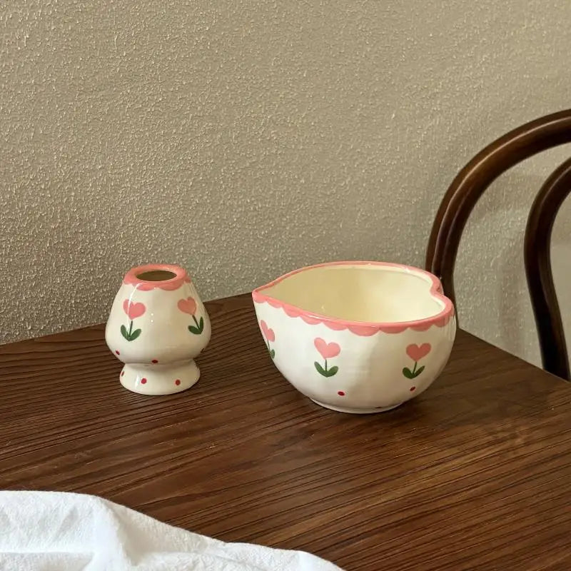 Heart Ceramic Matcha Bowl & Whisk Holder Set – Hand-Painted Ceramic Tea Set SPOT A4