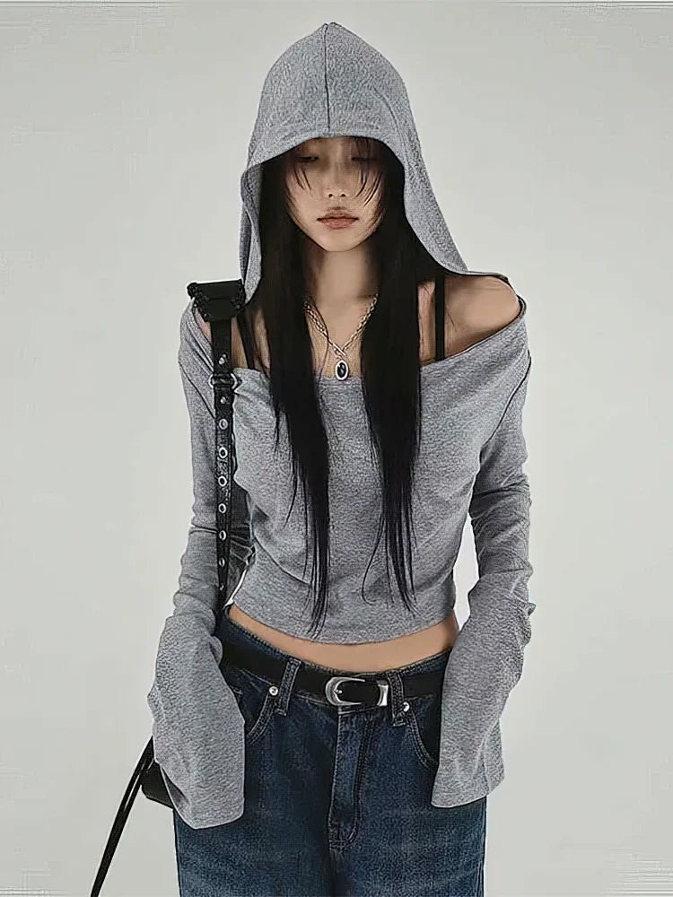 Women's Y2K Cropped Hoodie Top – Off-Shoulder Long Sleeve Tee Cropped Hoodie Top SPOT GRAY L