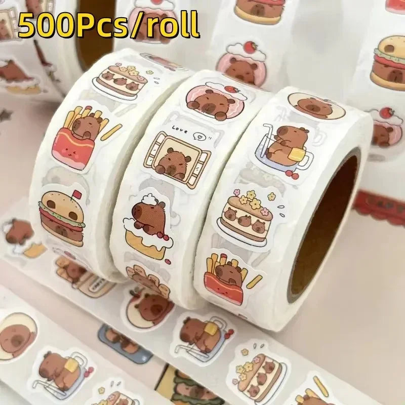 500-Pack Capybara Stickers Roll – Waterproof PVC Decals Sticker Roll SPOT