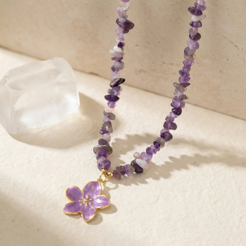 Flower Pendant Necklace – Stainless Steel & Amethyst Beads Pendant Necklace SPOT