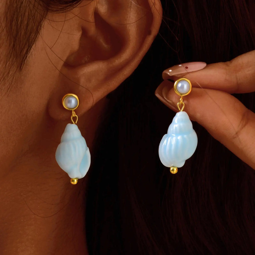 Light Blue Ceramic Conch Dangle Earrings – Waterproof Beach Jewelry Dangle Earrings SPOT