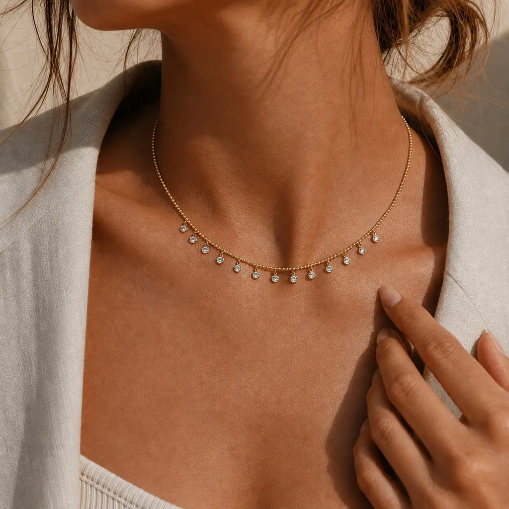 CZ Bezel Drop Station Necklace – Gold Stainless Steel Choker CZ Station Necklace SPOT