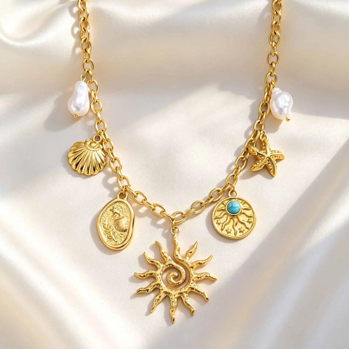 18K Gold Sun Pendant Necklace – Baroque Pearl, Waterproof Steel Pendant Necklace SPOT