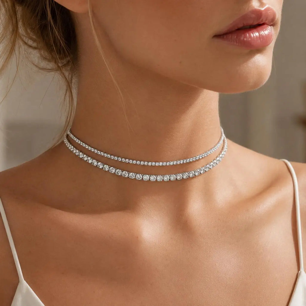 Women's CZ Tennis Necklace – Stainless Steel Iced Out Choker CZ Tennis Necklace SPOT