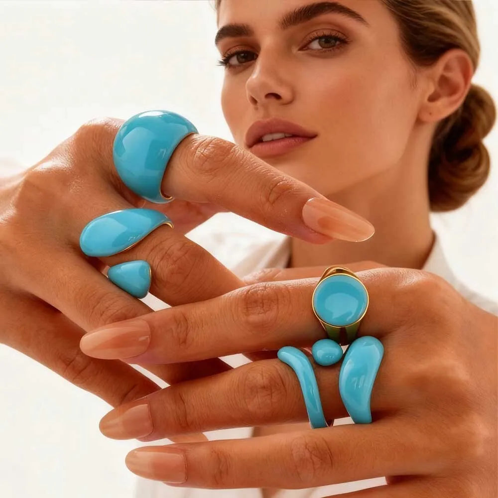 Chunky Blue Enamel Stackable Statement Ring – Waterproof Statement Ring SPOT