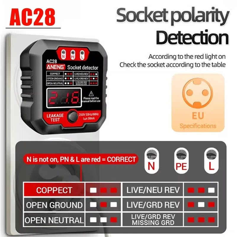 ANENG AC28 Socket Tester – LCD Polarity & Voltage Detector Socket Polarity Tester SPOT