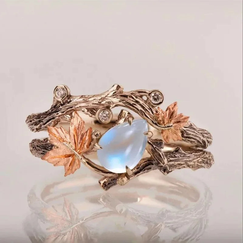 Vintage Gold Maple Leaf Moonstone Ring for Women | Gift Fashion Ring SPOT onesize