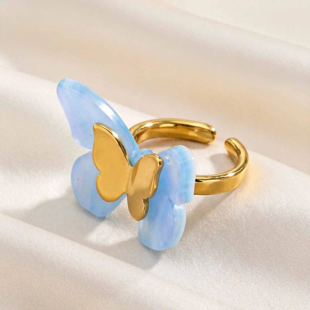 18K Gold Plated Butterfly Ring – Blue Acetate Open Band Fashion Ring SPOT