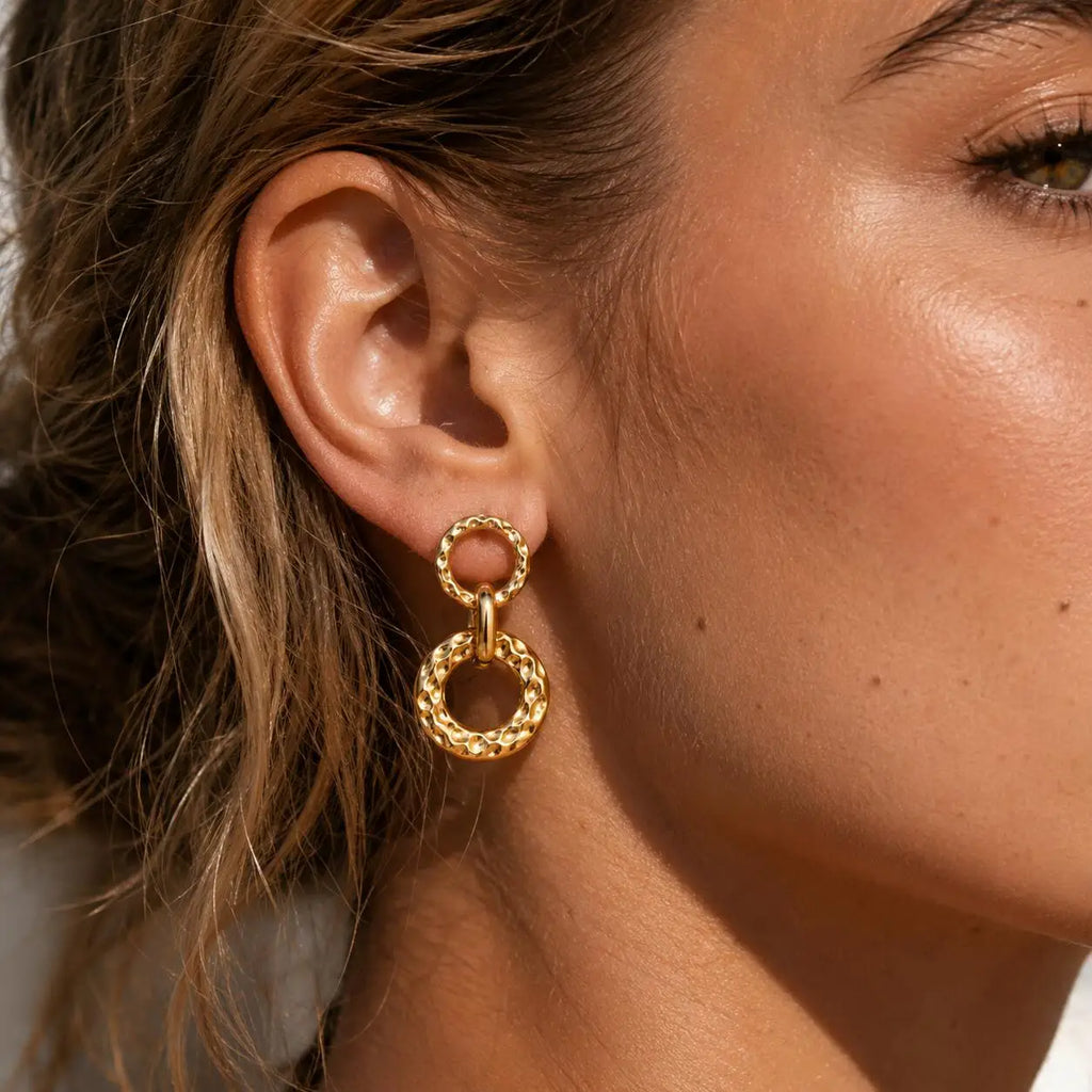 Hammered Double Circle Dangle Earrings – 18K Gold Plated Steel Dangle Earrings SPOT