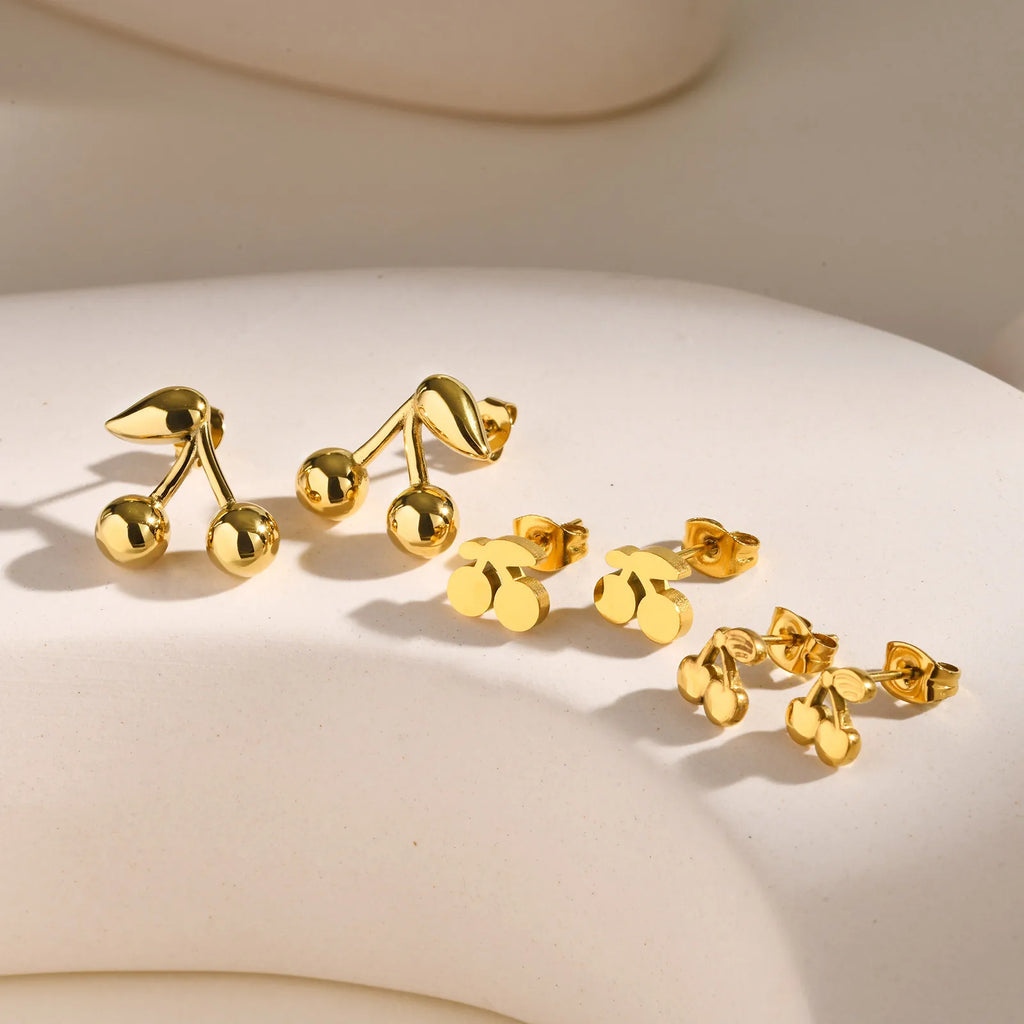 Gold Cherry Stud Earrings – Stainless Steel, Hypoallergenic Stud Earrings SPOT