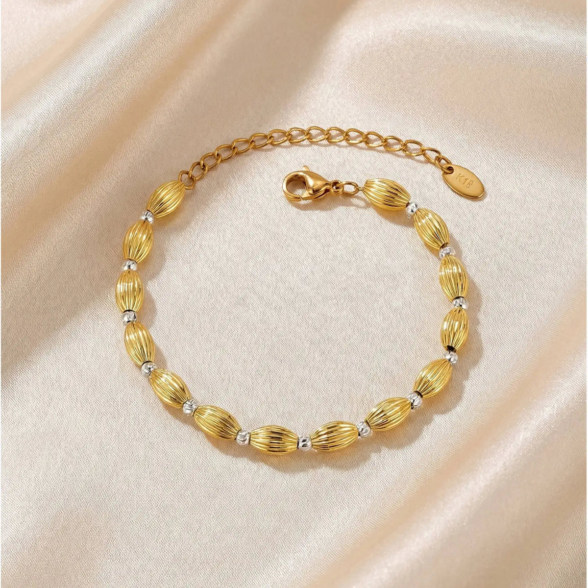 Two-Tone Olive Rice Bead Bracelet – Non-Tarnish Stainless Steel Beaded Bracelet SPOT