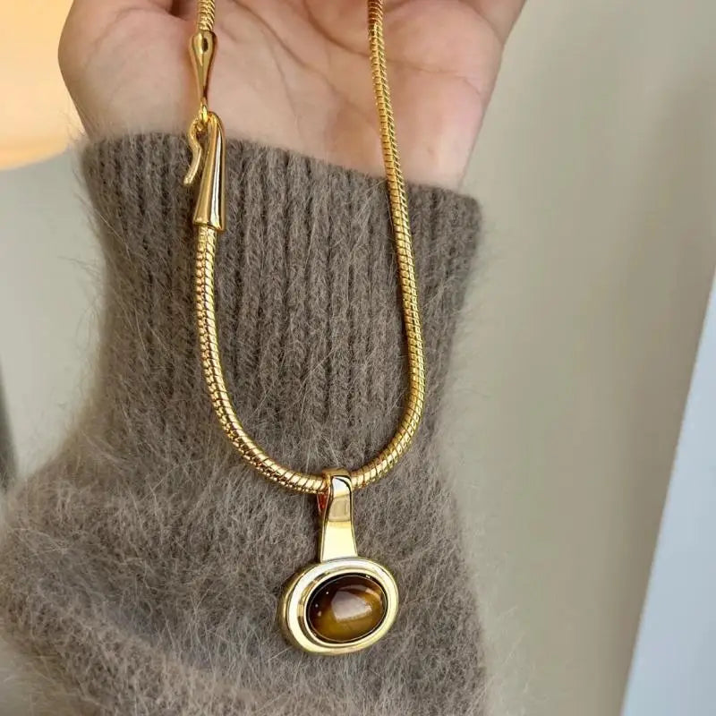 Tiger Eye Stone Bead Necklace – Unisex Fashion Jewelry Stone Bead Necklace SPOT