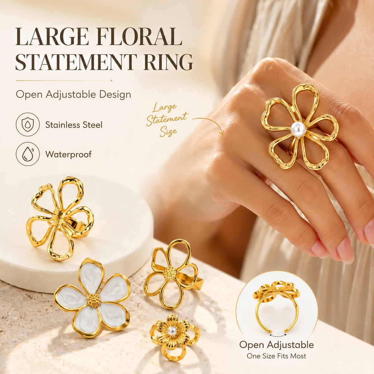 18K Gold Plated Floral Statement Ring – Open Adjustable Band Fashion Statement Ring SPOT
