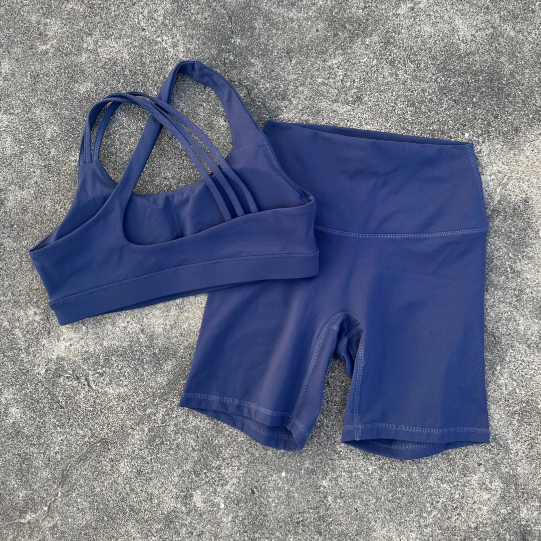 Women's High Waist Yoga Short Legging & Cross Back Bra Set Yoga Activewear Set SPOT Navy L