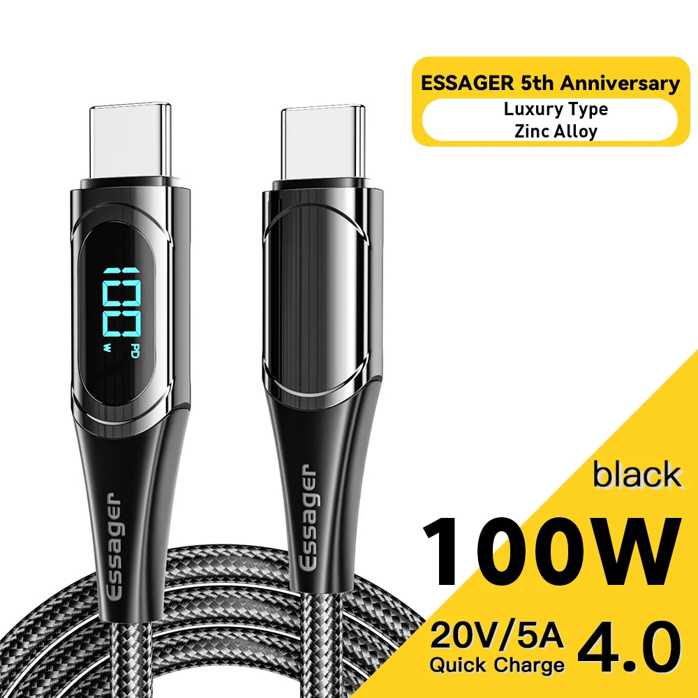Essager 100W USB-C to USB-C Cable 2M | PD Fast Charge + LED USB-C Charging Cable SPOT 100W Black Cable 02 1m China Mainland