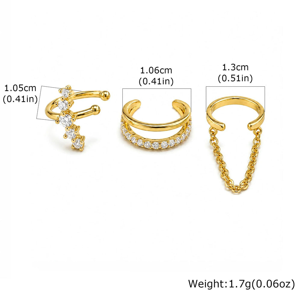 3-Piece Zircon Ear Cuffs with Tassel Chain – No Piercing Ear Cuff Set SPOT EDC-040G-SET