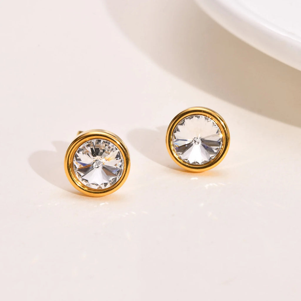 Round CZ Stud Earrings – Gold Plated Stainless Steel Women CZ Stud Earrings SPOT