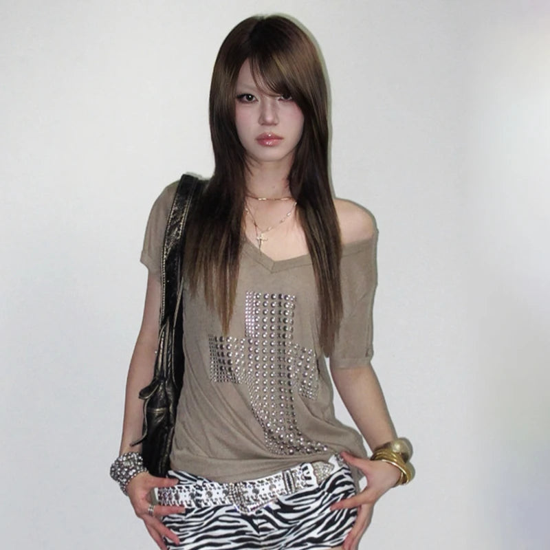 Y2K Metal Cross Print V-Neck T-Shirt | Harajuku Streetwear Women's Graphic Tee SPOT