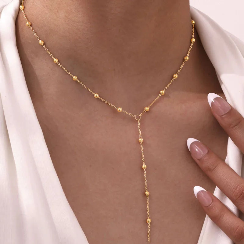Y-Shape Ball Bead Lariat Necklace – Gold Stainless Steel Lariat Necklace SPOT Default Title
