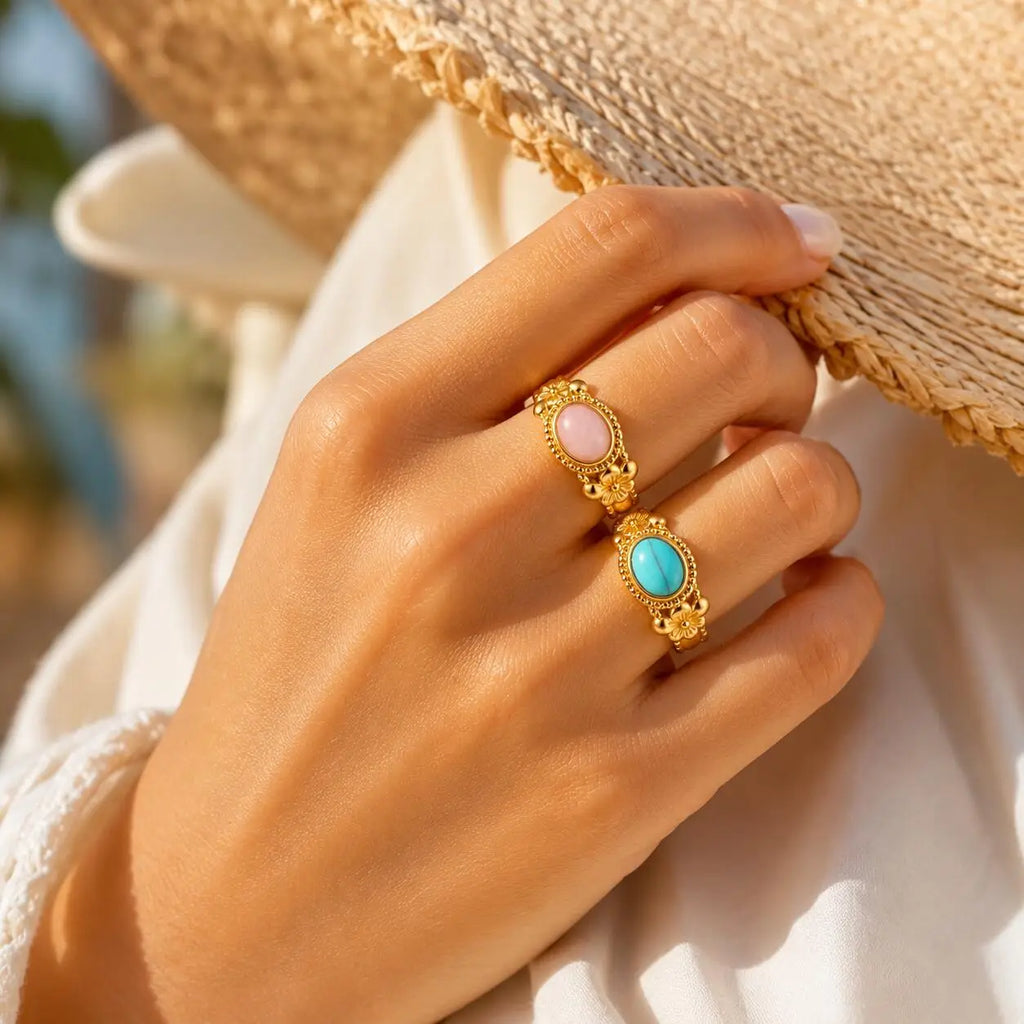 Adjustable Floral Ring – Turquoise Rose Quartz 18K Gold Plated Fashion Ring SPOT