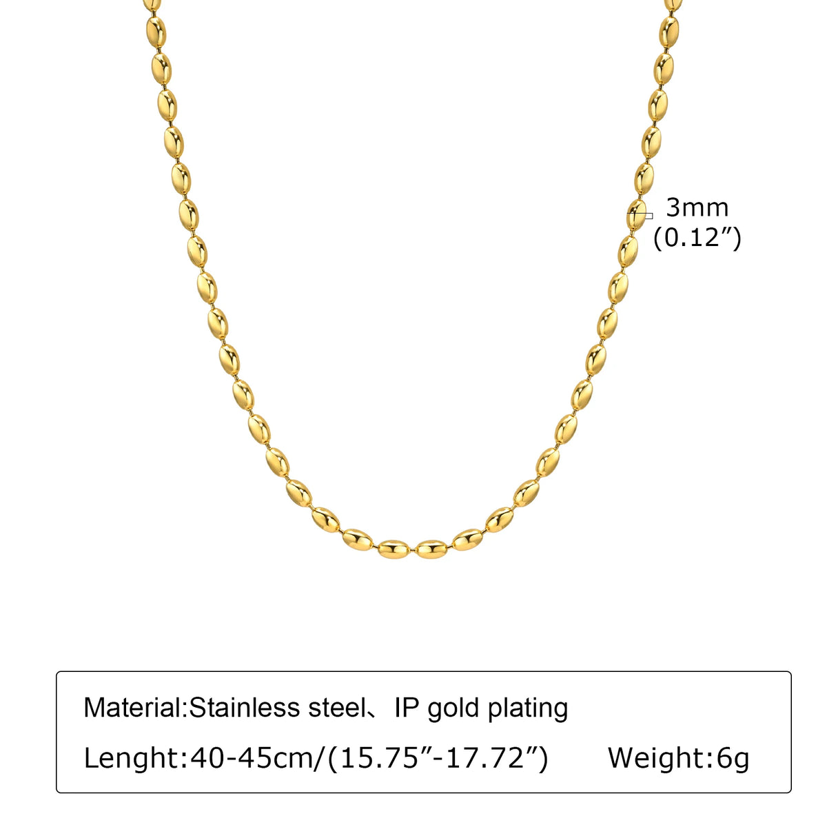 Oval Beaded Ball Chain Choker Necklace – Gold, 2mm/3mm Beaded Chain Necklace SPOT 3mm 40cm-45cm