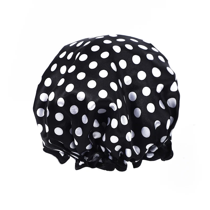 Waterproof Double Layer Shower Cap – Leopard & Polka Dot Shower Cap SPOT Black