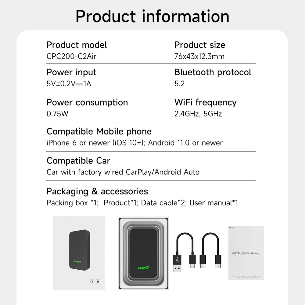 CarlinKit C2Air Wireless CarPlay & Android Auto Adapter Wireless CarPlay Adapter SPOT