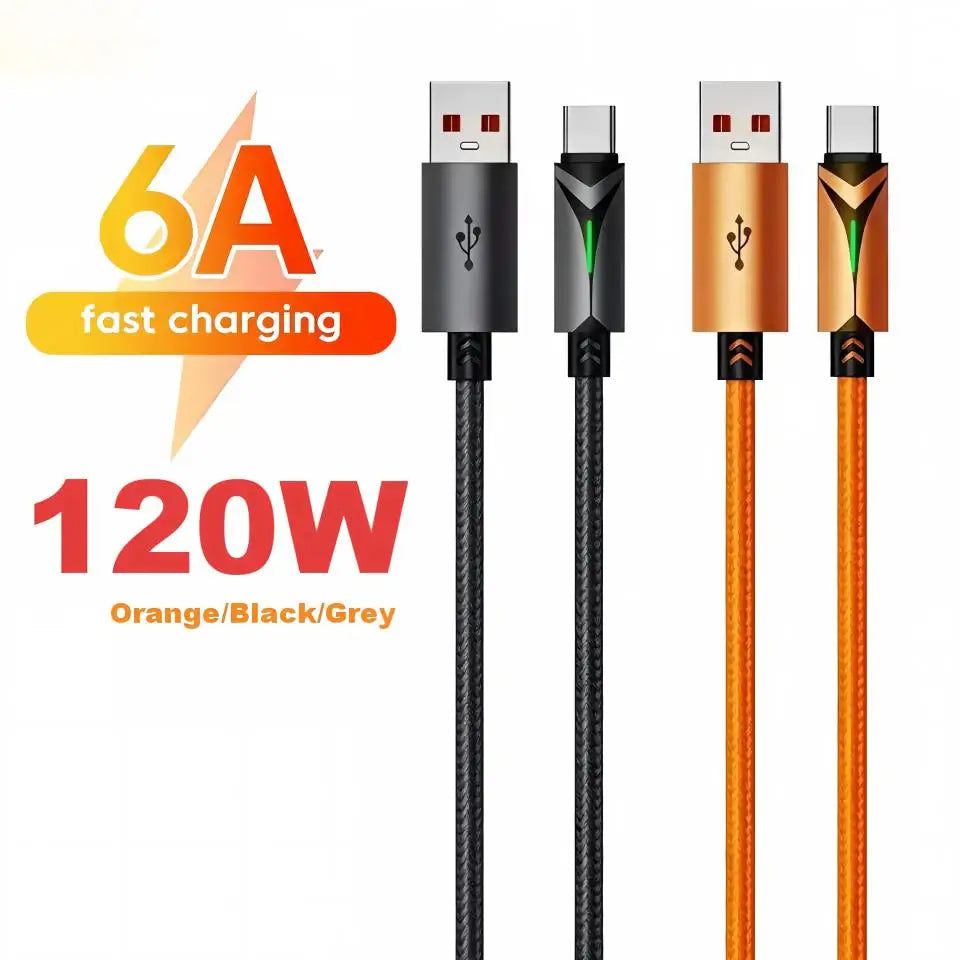 120W USB-C Fast Charging Cable with LED – 6A Braided Cord USB-C Charging Cable SPOT