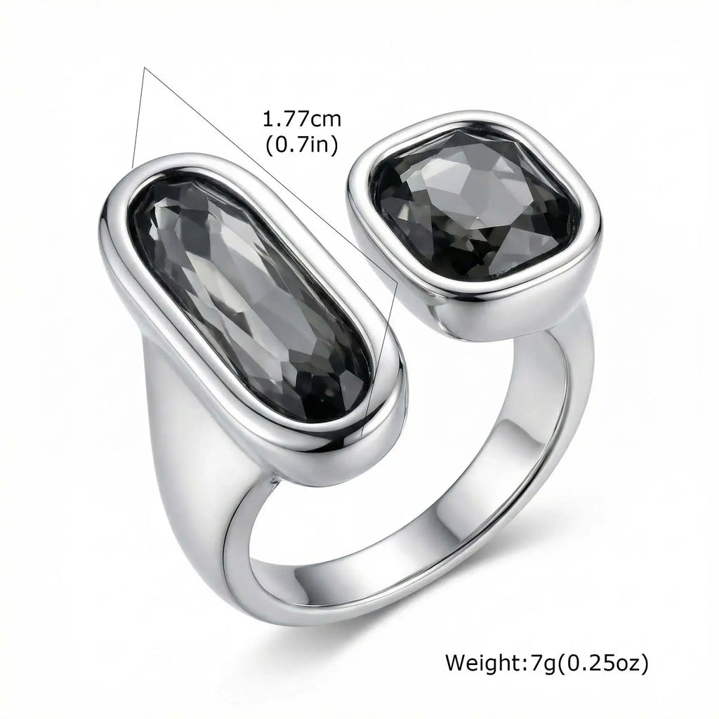 Silver Geometric Open Ring – Black Acrylic Stone, Adjustable Statement Ring SPOT