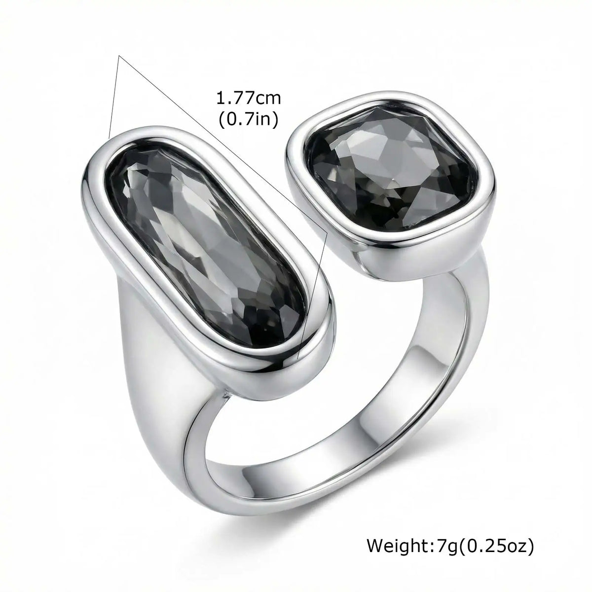 Silver Geometric Open Ring – Black Acrylic Stone, Adjustable Statement Ring SPOT