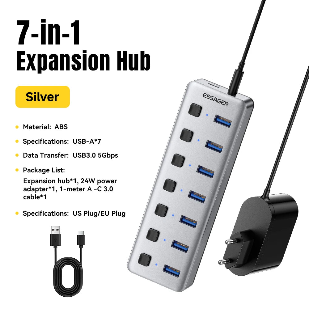 Essager 7-Port USB 3.0 Hub 5Gbps Splitter with 24W Charger USB Hub SPOT With EU Plug