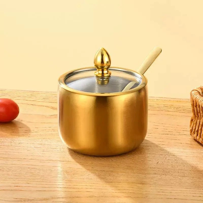 Gold Stainless Steel Sugar Bowl with Glass Lid & Spoon – 270ml Sugar Bowl SPOT Gold